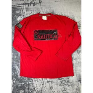 VINTAGE Nautica Jeans‎ Co Red Long Sleeve Army Patch Embroidered Y2K Mens Large